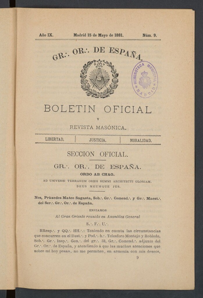 Miniatura de Boletín Oficial del Gran Oriente de España del 15 de mayo de 1881. Nº 9