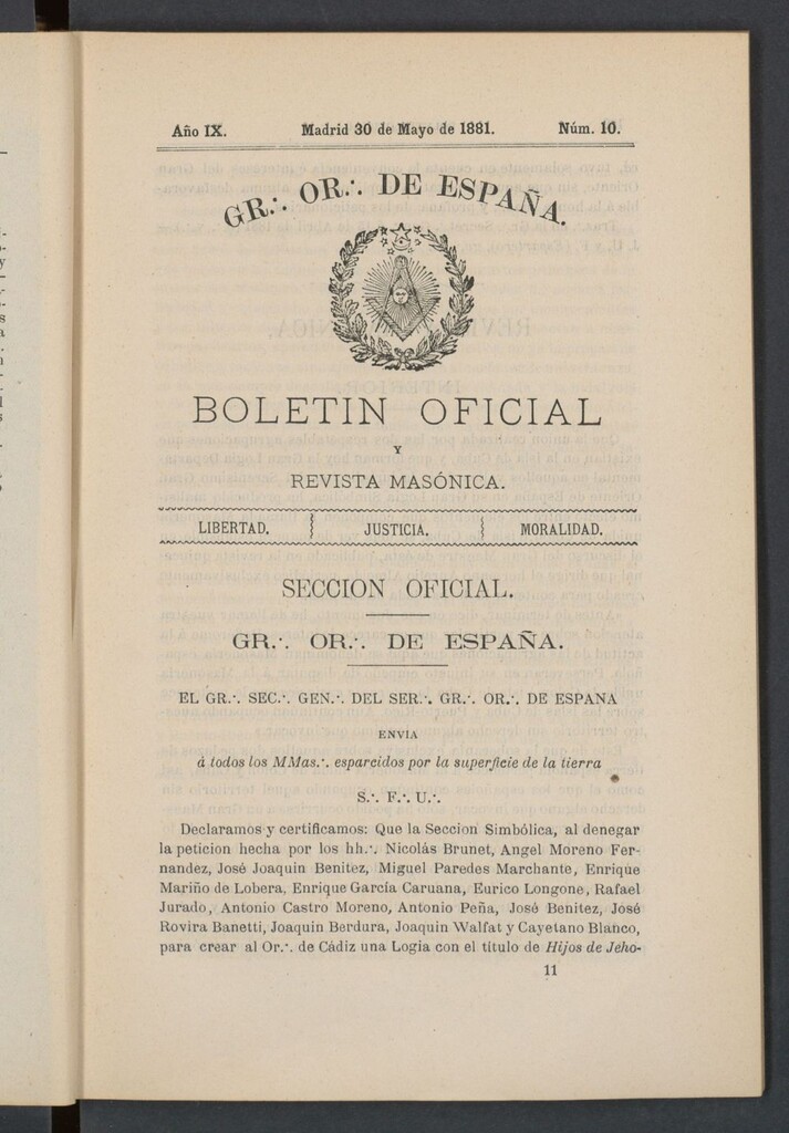 Miniatura de Boletín Oficial del Gran Oriente de España del 30 de mayo de 1881. Nº 10