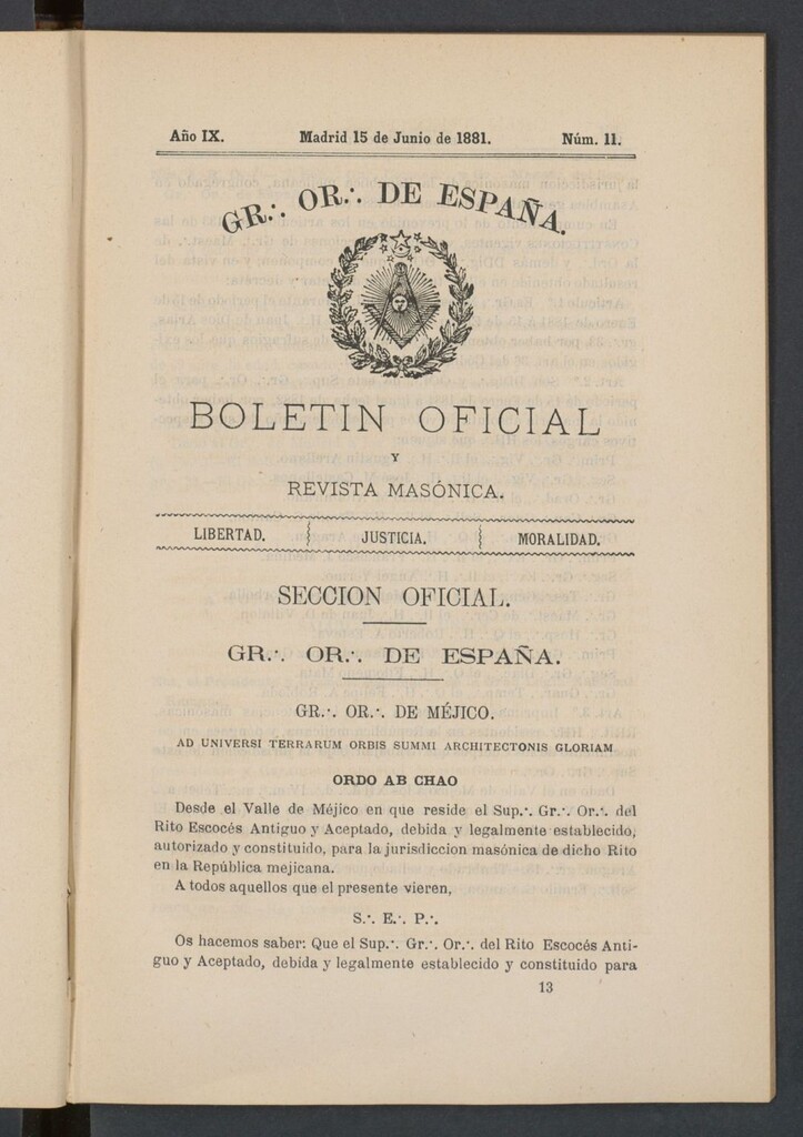 Miniatura de Boletín Oficial del Gran Oriente de España del 15 de junio de 1881. Nº 11