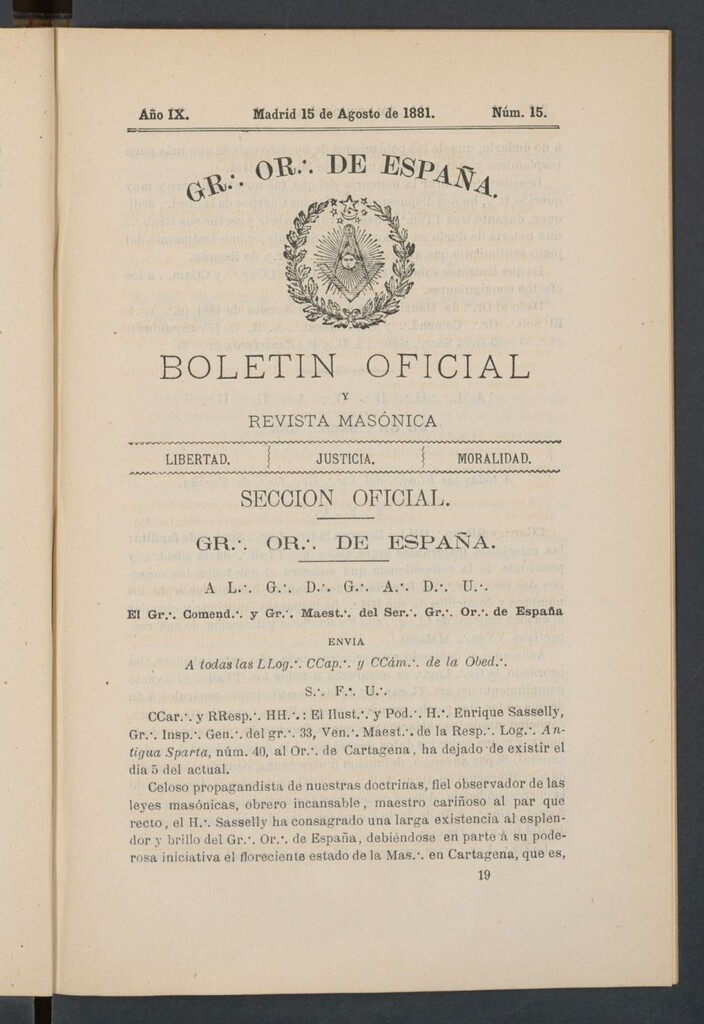 Miniatura de Boletín Oficial del Gran Oriente de España del 15 de agosto de 1881. Nº 15