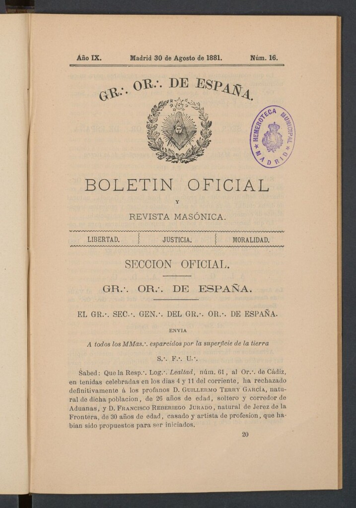 Miniatura de Boletín Oficial del Gran Oriente de España del 30 de agosto de 1881. Nº 16