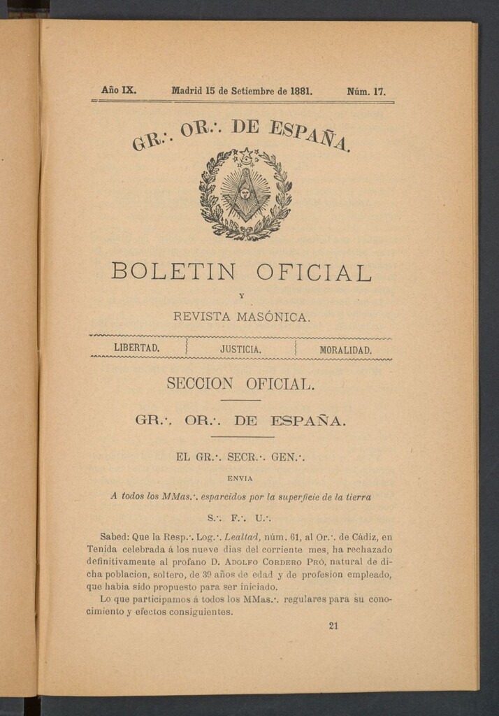 Miniatura de Boletín Oficial del Gran Oriente de España del 15 de septiembre de 1881. Nº 17