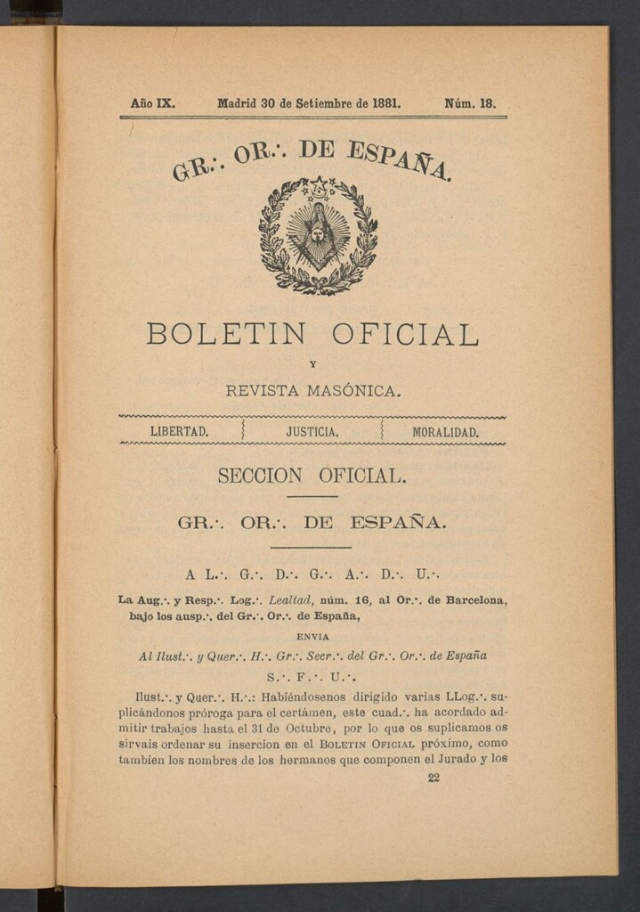 Miniatura de Boletín Oficial del Gran Oriente de España del 30 de septiembre de 1881. Nº 18