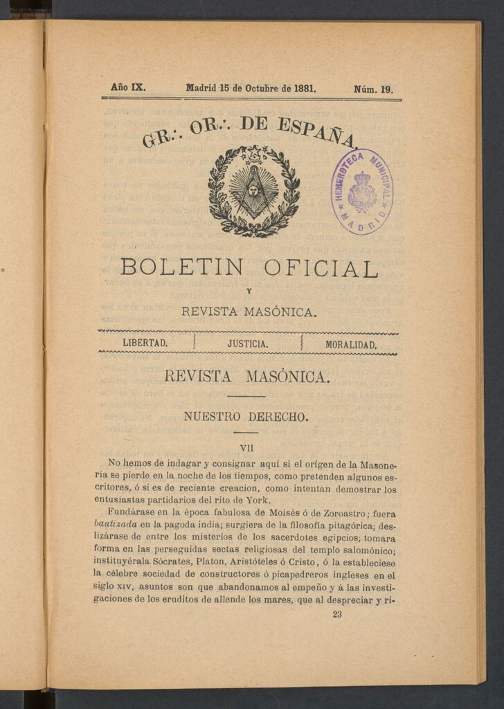 Miniatura de Boletín Oficial del Gran Oriente de España del 15 de octubre de 1881. Nº 19