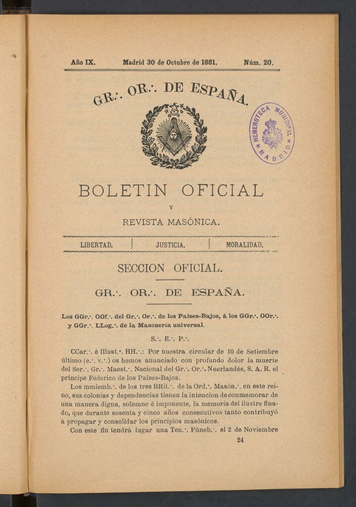 Miniatura de Boletín Oficial del Gran Oriente de España del 30 de octubre de 1881. Nº 20
