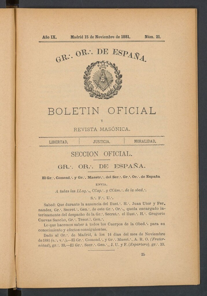 Miniatura de Boletín Oficial del Gran Oriente de España del 15 de noviembre de 1881. Nº 21
