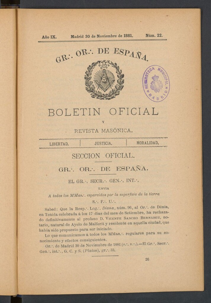 Miniatura de Boletín Oficial del Gran Oriente de España del 30 de noviembre de 1881. Nº 22