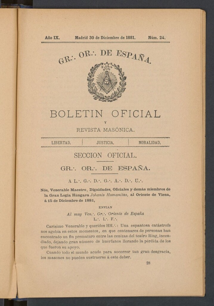 Miniatura de Boletín Oficial del Gran Oriente de España de 30 de diciembre de 1881. Nº 24