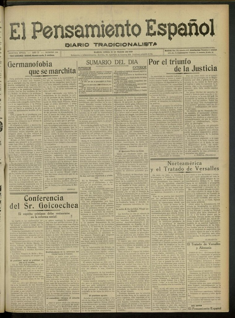 Miniatura de El Pensamiento Español del 22 de marzo de 1920, nº 168 [sic]