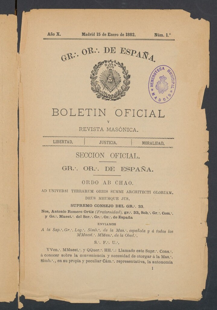 Miniatura de Boletín Oficial del Gran Oriente de España del 15 de enero de 1882. Nº 1
