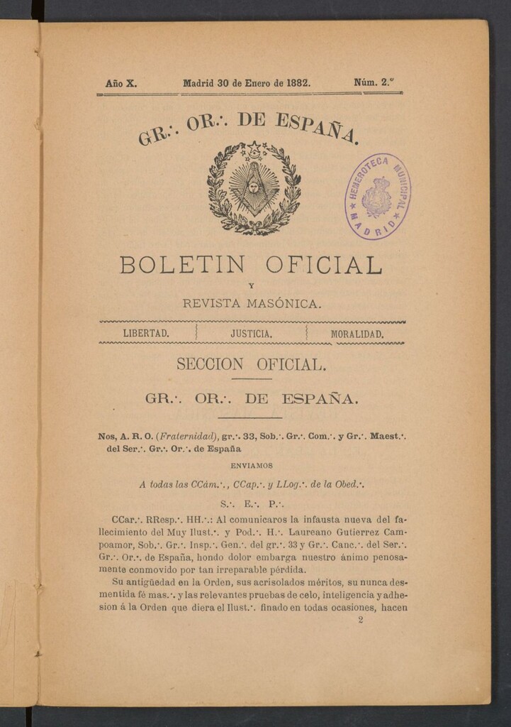 Miniatura de Boletín Oficial del Gran Oriente de España del 30 de enero de 1882. Nº 2