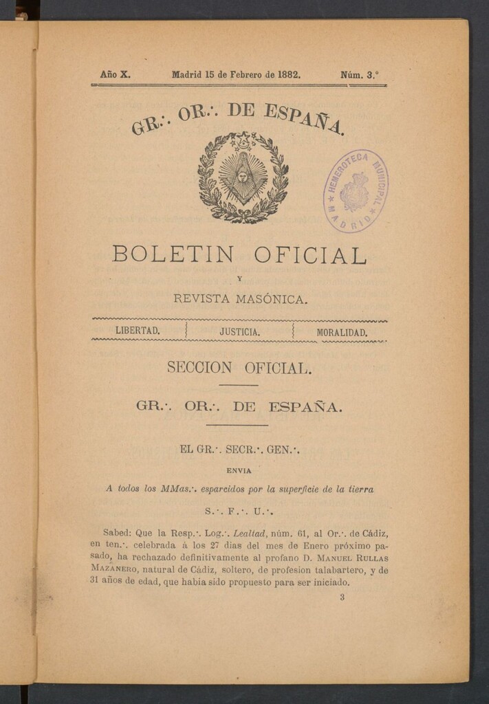 Miniatura de Boletín Oficial del Gran Oriente de España del 15 de febrero de 1882. Nº 3