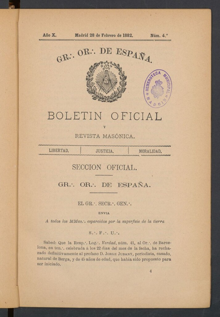 Miniatura de Boletín Oficial del Gran Oriente de España del 28 de febrero de 1882. Nº 4