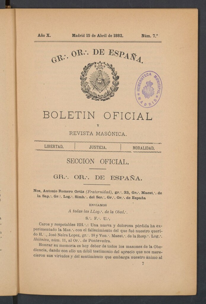 Miniatura de Boletín Oficial del Gran Oriente de España del 15 de abril de 1882. Nº 7