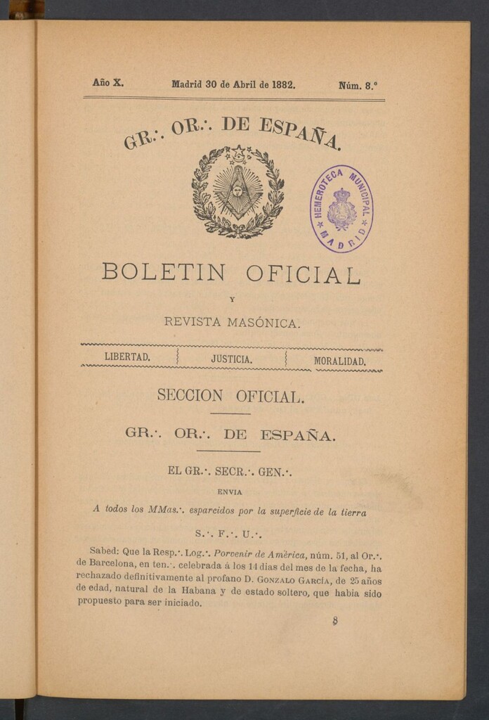 Miniatura de Boletín Oficial del Gran Oriente de España del 30 de abril de 1882. Nº 8