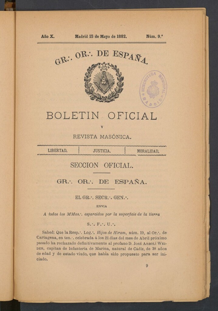 Miniatura de Boletín Oficial del Gran Oriente de España del 15 de mayo de 1882. Nº 9