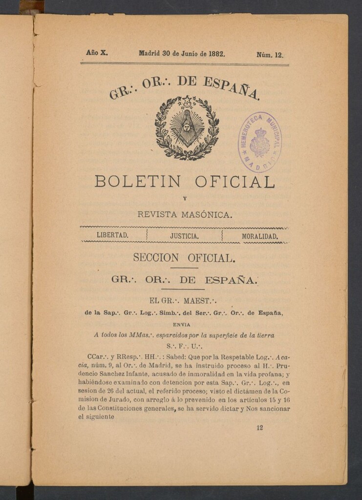 Miniatura de Boletín Oficial del Gran Oriente de España del 30 de junio de 1882. Nº 12