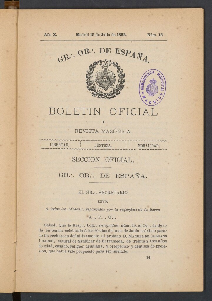 Miniatura de Boletín Oficial del Gran Oriente de España del 15 de julio de 1882. Nº 13