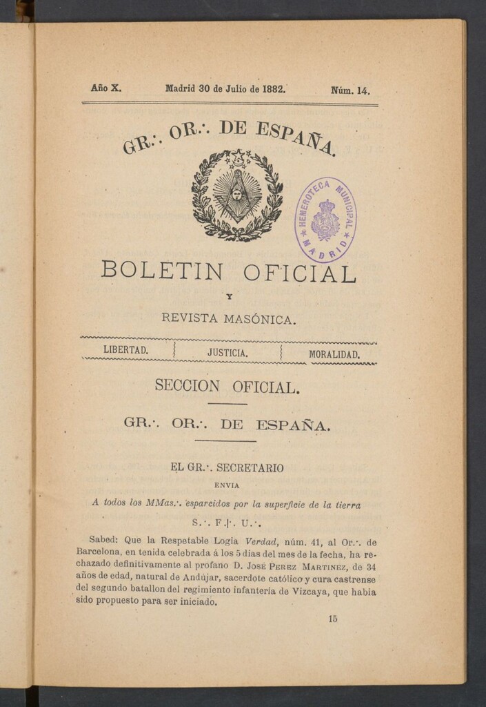 Miniatura de Boletín Oficial del Gran Oriente de España del 30 de julio de 1882. Nº 14