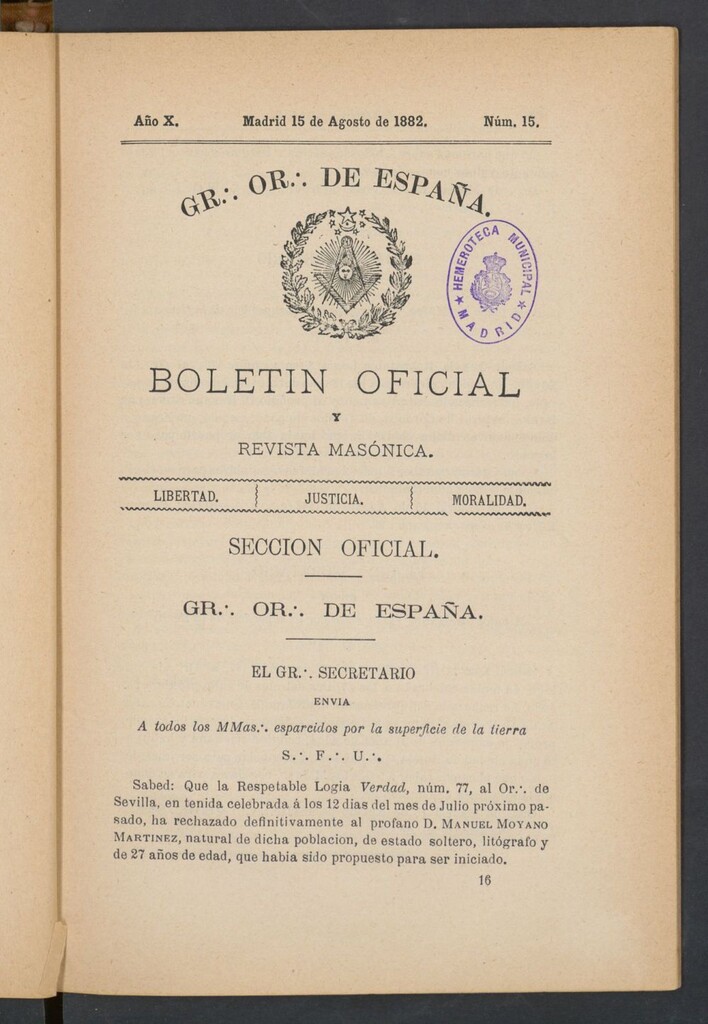 Miniatura de Boletín Oficial del Gran Oriente de España del 15 de agosto de 1882. Nº 15
