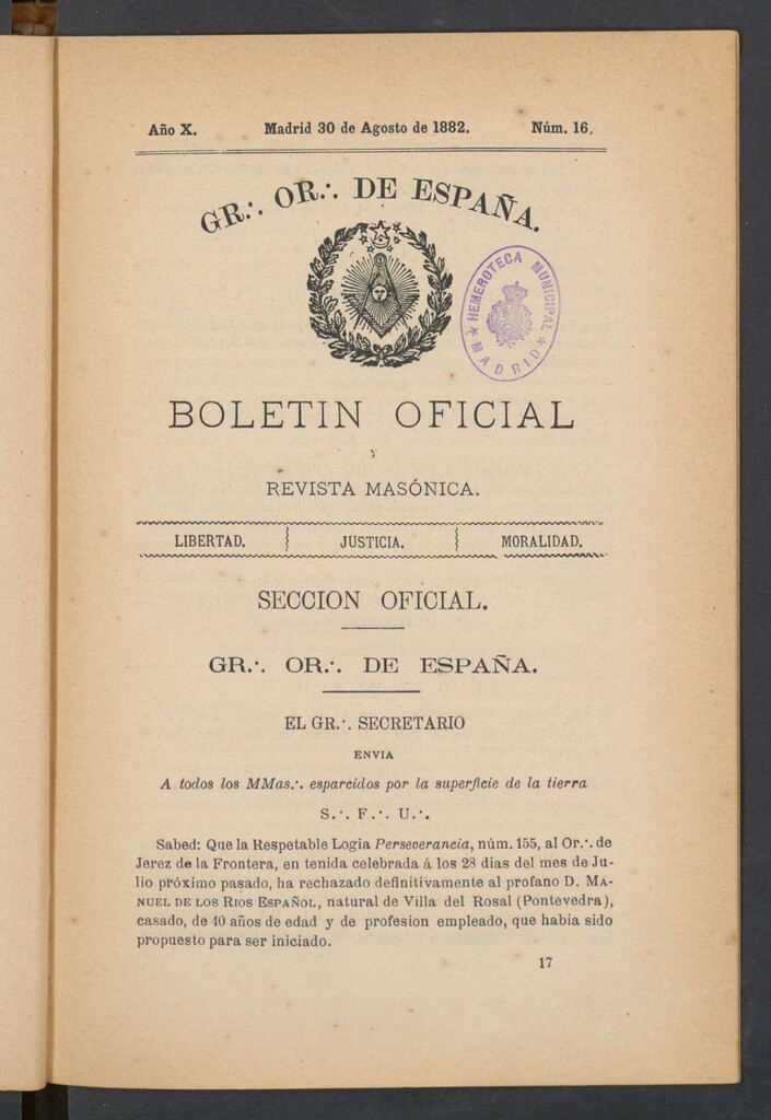 Miniatura de Boletín Oficial del Gran Oriente de España del 30 de agosto de 1882. Nº 16