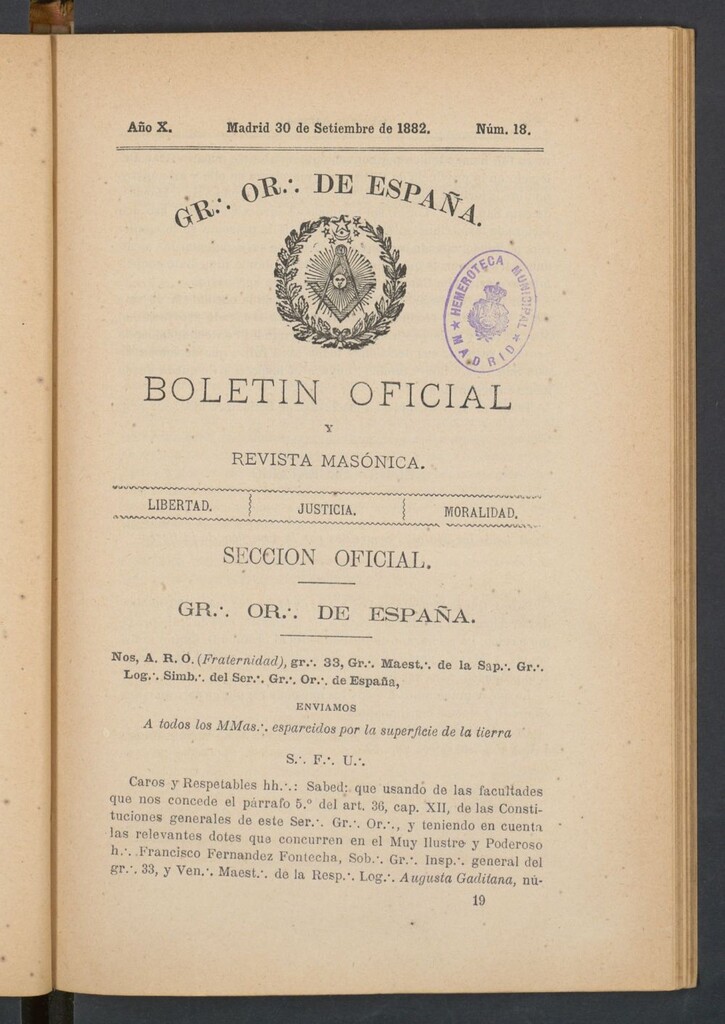 Miniatura de Boletín Oficial del Gran Oriente de España del 30 de septiembre de 1882. Nº 18