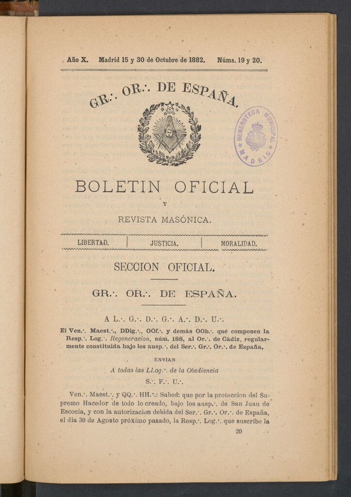 Miniatura de Boletín Oficial del Gran Oriente de España del 15 y 30 de octubre de 1882. Nº 19 y 20