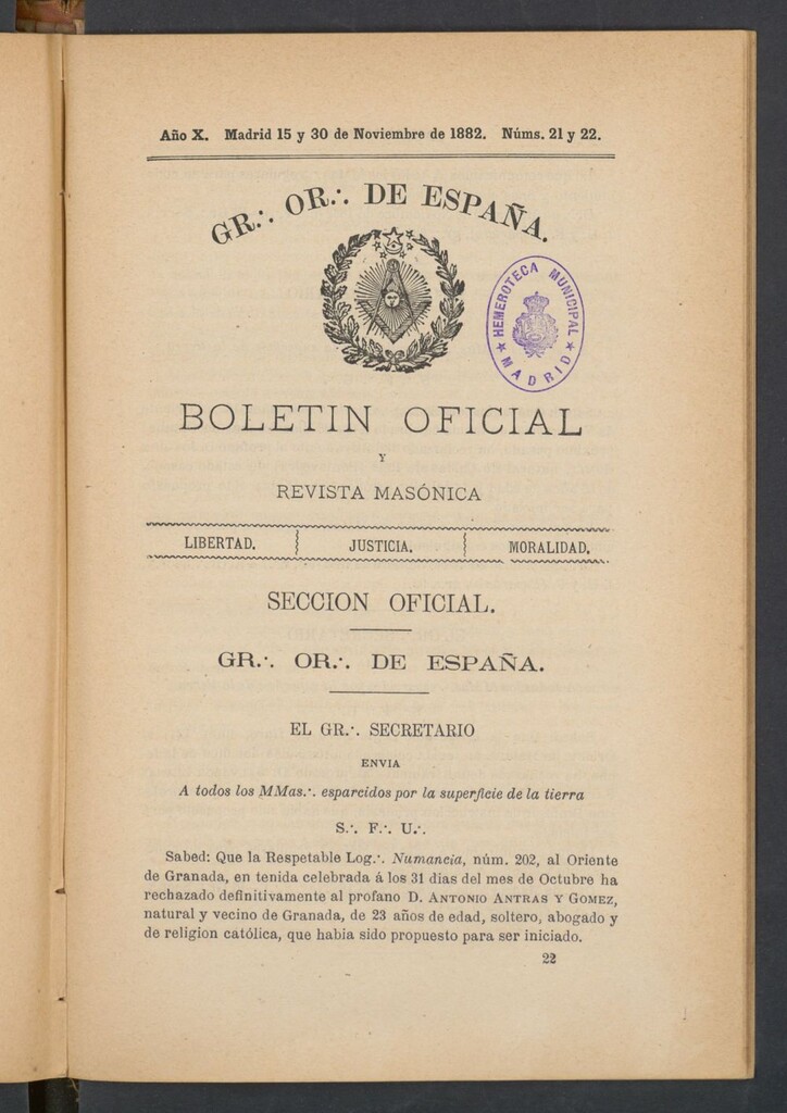 Miniatura de Boletín Oficial del Gran Oriente de España del 15 y 30 de noviembre de 1882. Nº 21 y 22