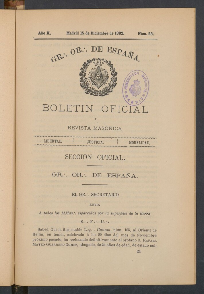 Miniatura de Boletín Oficial del Gran Oriente de España del 15 de diciembre de 1882. Nº 23