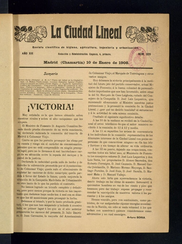 Miniatura de La Ciudad Lineal : órgano oficial de la Compañía Madrileña de Urbanización del 10 de enero de 1908