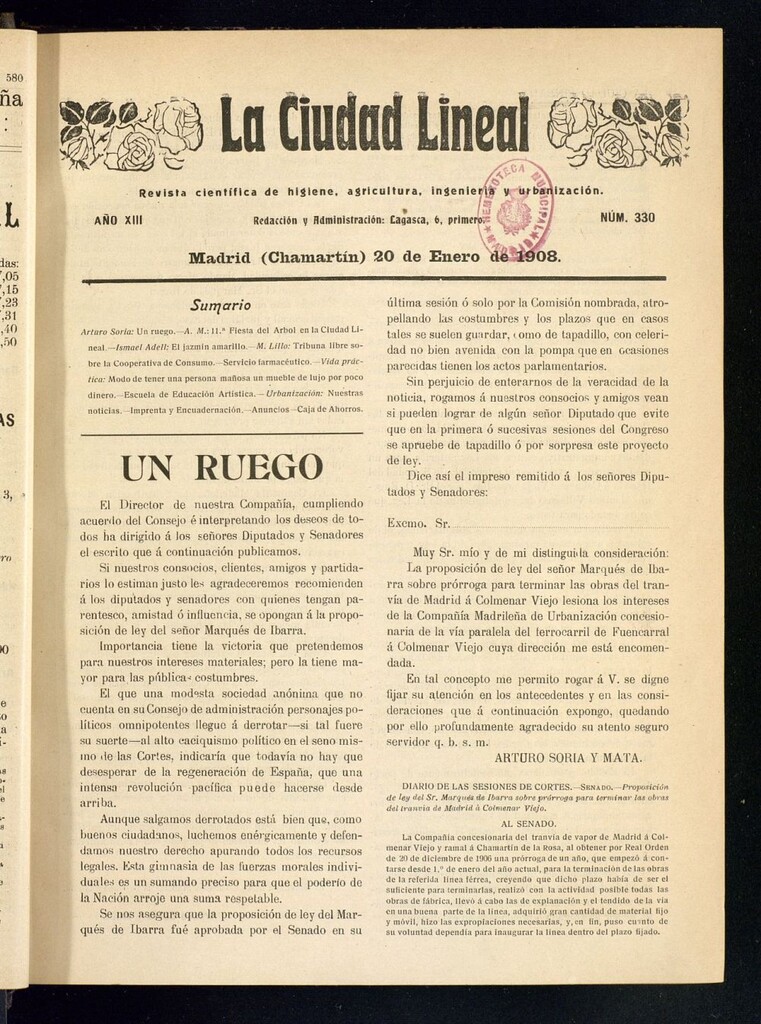 Miniatura de La Ciudad Lineal : órgano oficial de la Compañía Madrileña de Urbanización del 20 de enero de 1908