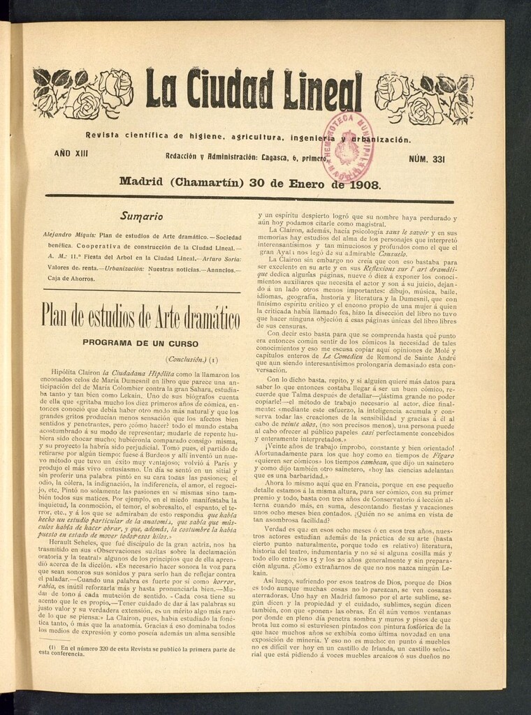Miniatura de La Ciudad Lineal : órgano oficial de la Compañía Madrileña de Urbanización del 30 de enero de 1908