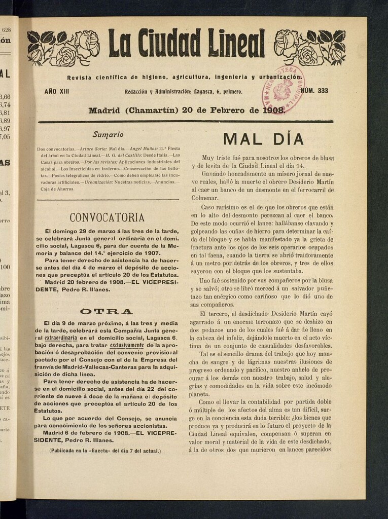 Miniatura de La Ciudad Lineal : órgano oficial de la Compañía Madrileña de Urbanización del 20 de febrero de 1908
