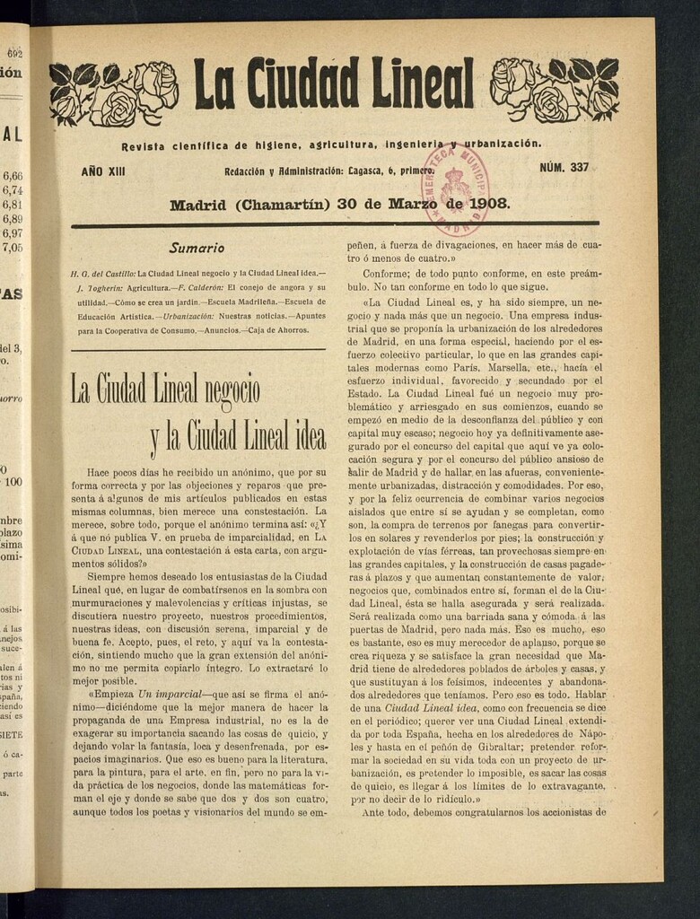 Miniatura de La Ciudad Lineal : órgano oficial de la Compañía Madrileña de Urbanización del 30 de marzo de 1908