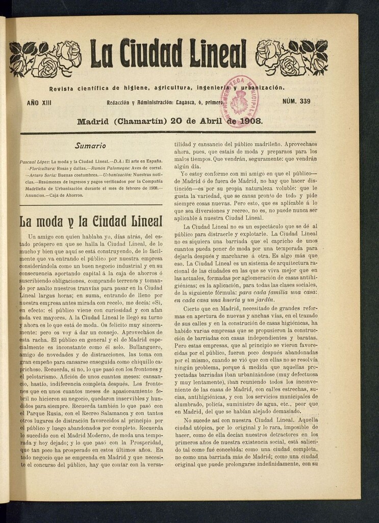 Miniatura de La Ciudad Lineal : órgano oficial de la Compañía Madrileña de Urbanización del 20 de abril de 1908