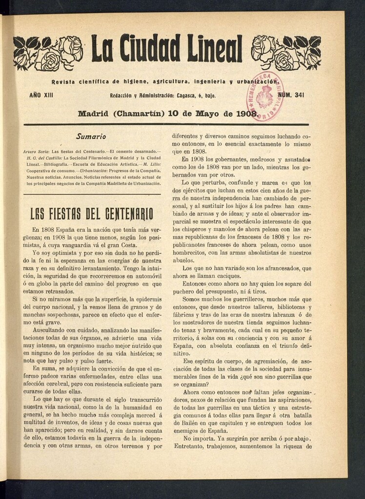 Miniatura de La Ciudad Lineal : órgano oficial de la Compañía Madrileña de Urbanización del 10 de mayo de 1908