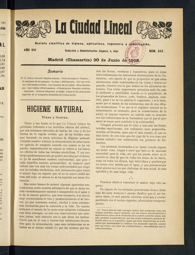 Miniatura de La Ciudad Lineal : órgano oficial de la Compañía Madrileña de Urbanización del 20 de junio de 1908
