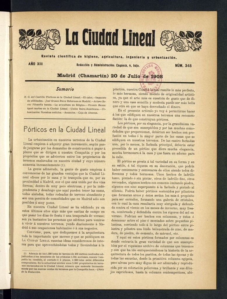 Miniatura de La Ciudad Lineal : órgano oficial de la Compañía Madrileña de Urbanización del 20 de julio de 1908