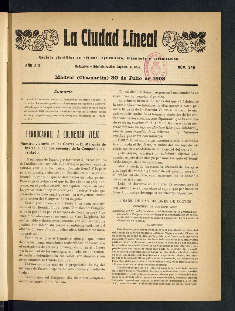 Miniatura de La Ciudad Lineal : órgano oficial de la Compañía Madrileña de Urbanización del 30 de julio de 1908