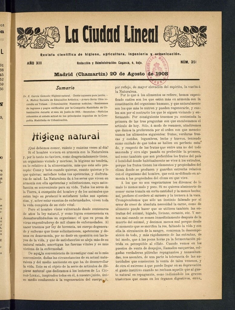 Miniatura de La Ciudad Lineal : órgano oficial de la Compañía Madrileña de Urbanización del 20 de agosto de 1908