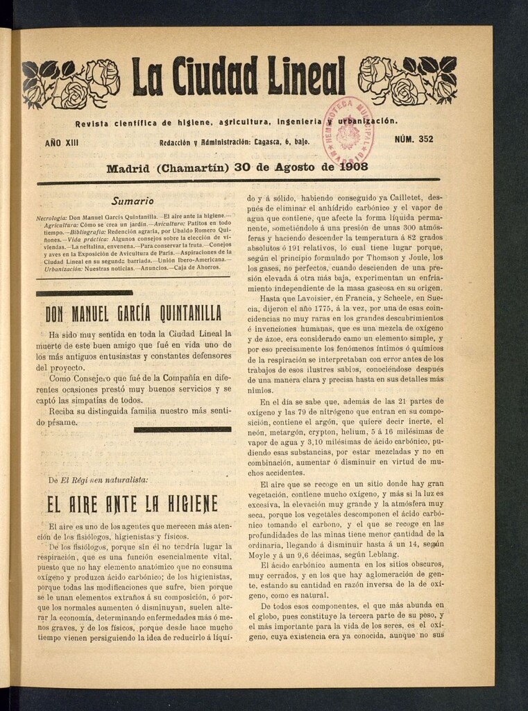 Miniatura de La Ciudad Lineal : órgano oficial de la Compañía Madrileña de Urbanización del 30 de agosto de 1908