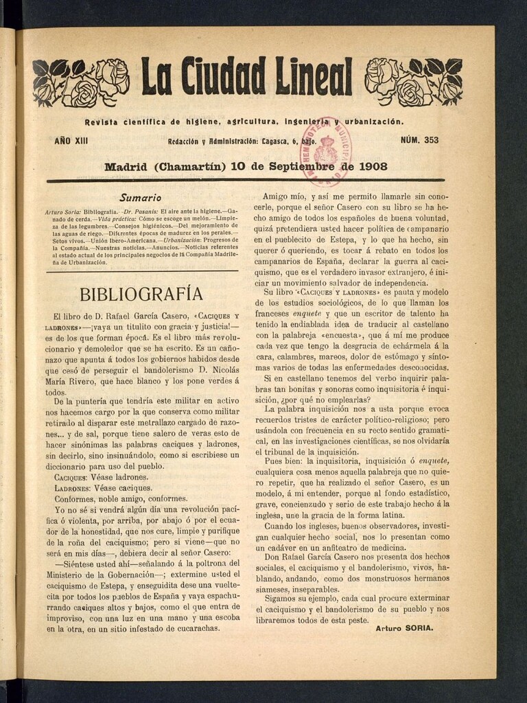 Miniatura de La Ciudad Lineal : órgano oficial de la Compañía Madrileña de Urbanización del 10 de septiembre de 1908