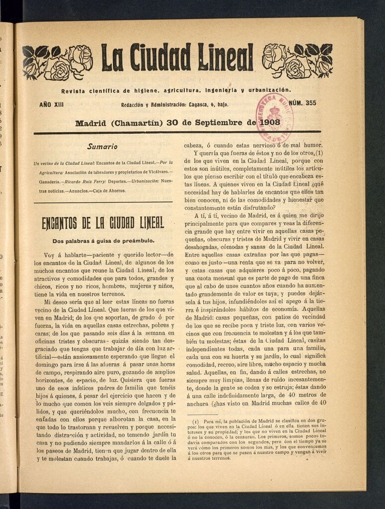 Miniatura de La Ciudad Lineal : órgano oficial de la Compañía Madrileña de Urbanización del 30 de septiembre de 1908
