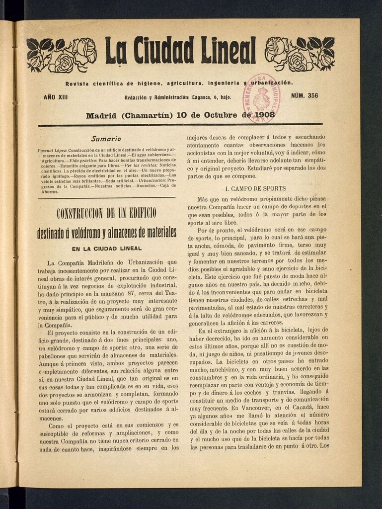Miniatura de La Ciudad Lineal : órgano oficial de la Compañía Madrileña de Urbanización del 10 de octubre de 1908