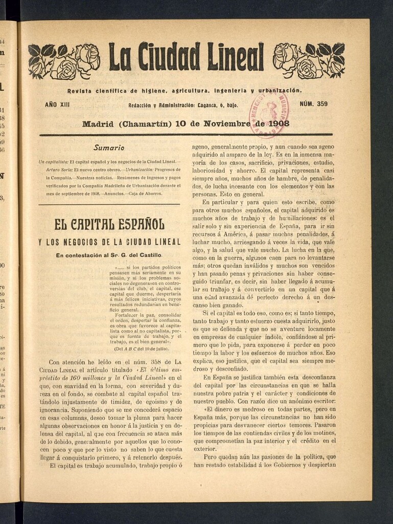 Miniatura de La Ciudad Lineal : órgano oficial de la Compañía Madrileña de Urbanización del 10 de noviembre de 1908
