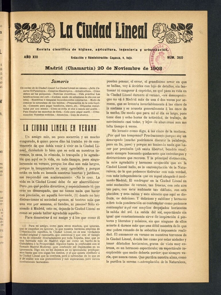 Miniatura de La Ciudad Lineal : órgano oficial de la Compañía Madrileña de Urbanización del 20 de noviembre de 1908