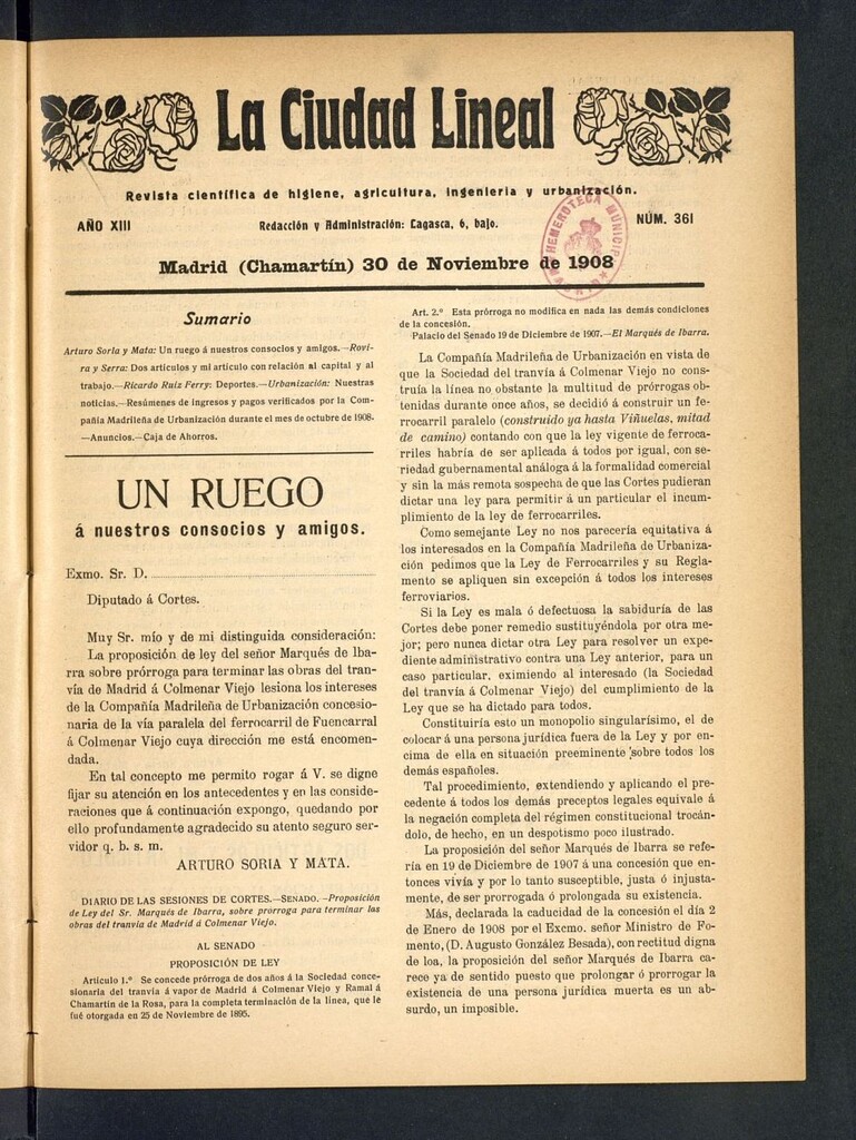 Miniatura de La Ciudad Lineal : órgano oficial de la Compañía Madrileña de Urbanización del 30 de noviembre de 1908