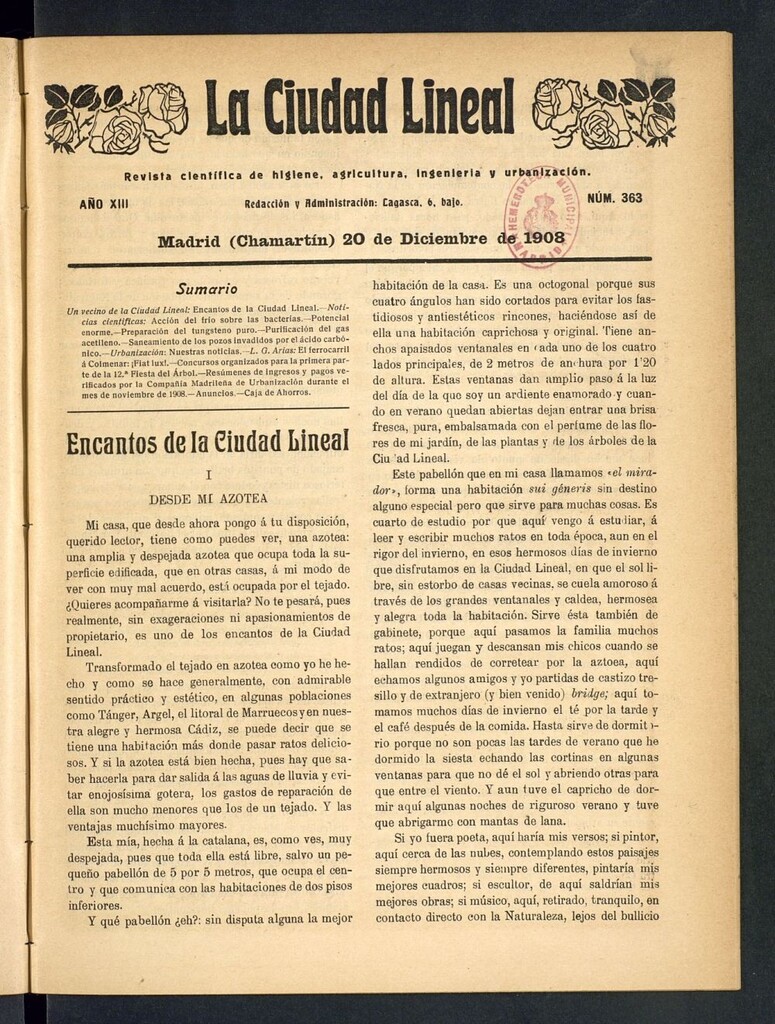 Miniatura de La Ciudad Lineal : órgano oficial de la Compañía Madrileña de Urbanización del 20 de diciembre de 1908