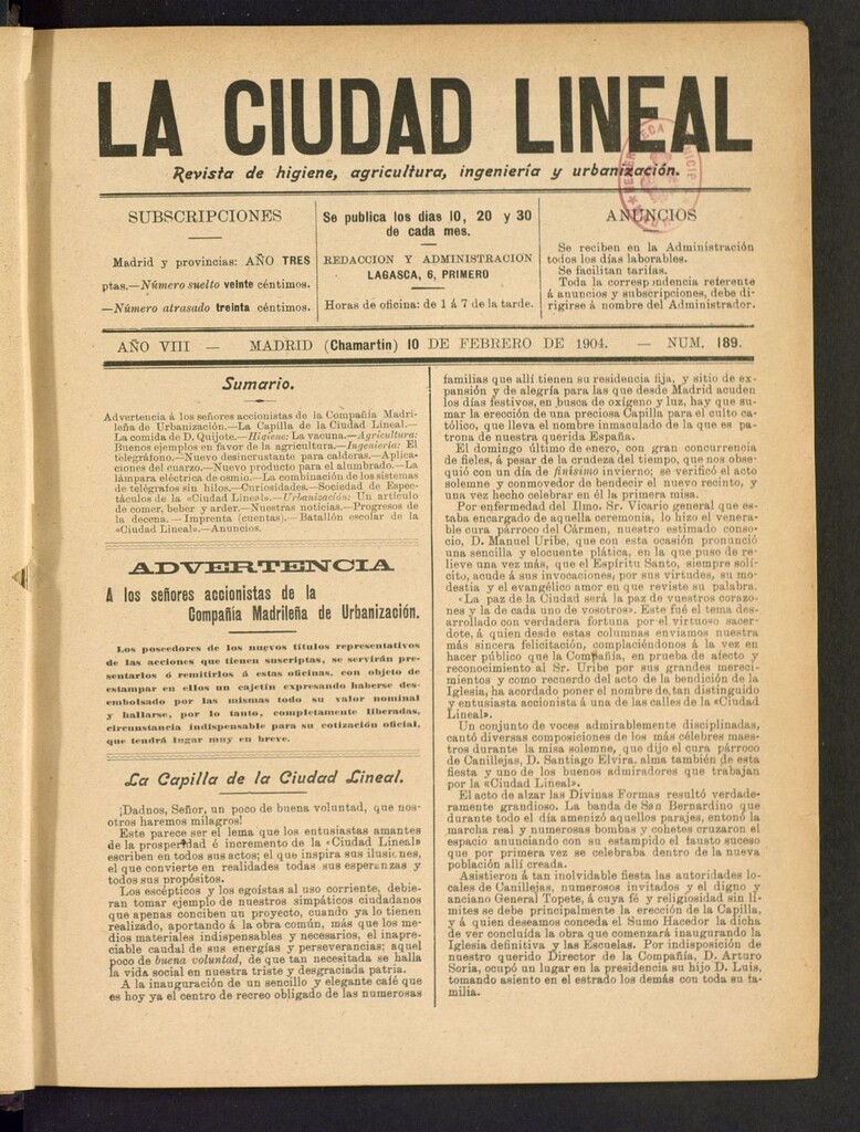 Miniatura de La Ciudad Lineal : órgano oficial de la Compañía Madrileña de Urbanización del 10 de febrero de 1904