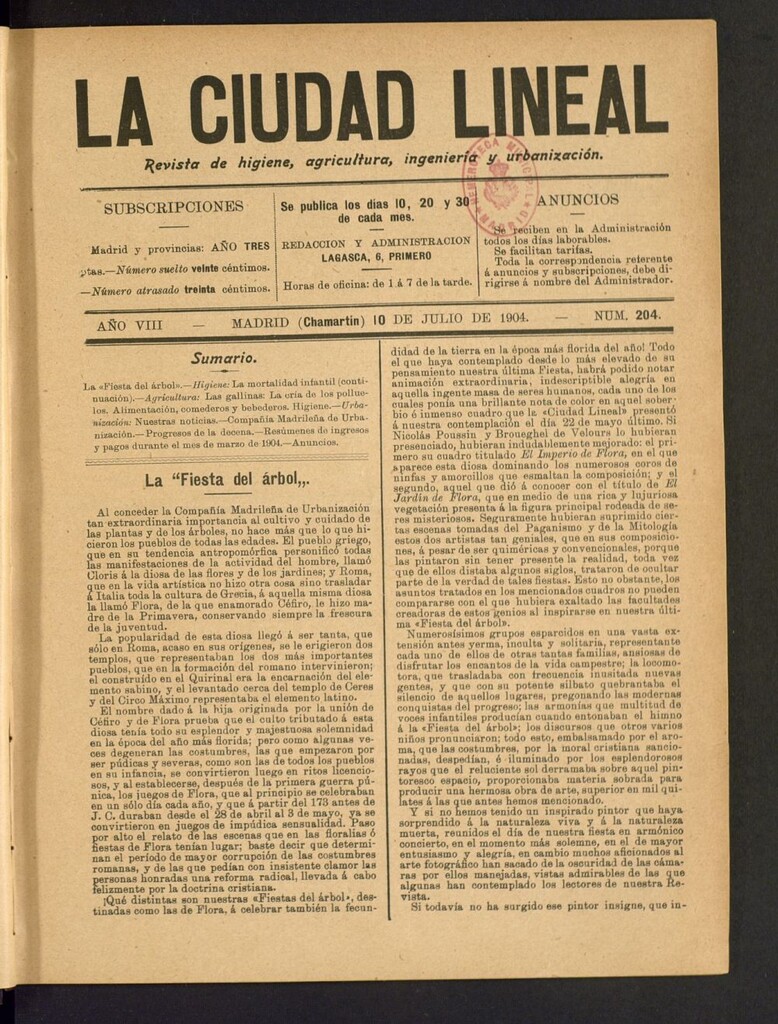 Miniatura de La Ciudad Lineal : órgano oficial de la Compañía Madrileña de Urbanización del 10 de julio de 1904